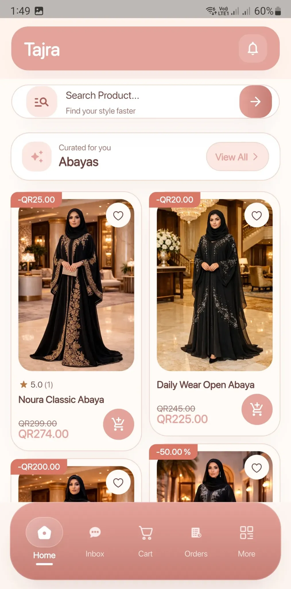 Abayas category screen in the Tajarat customer app