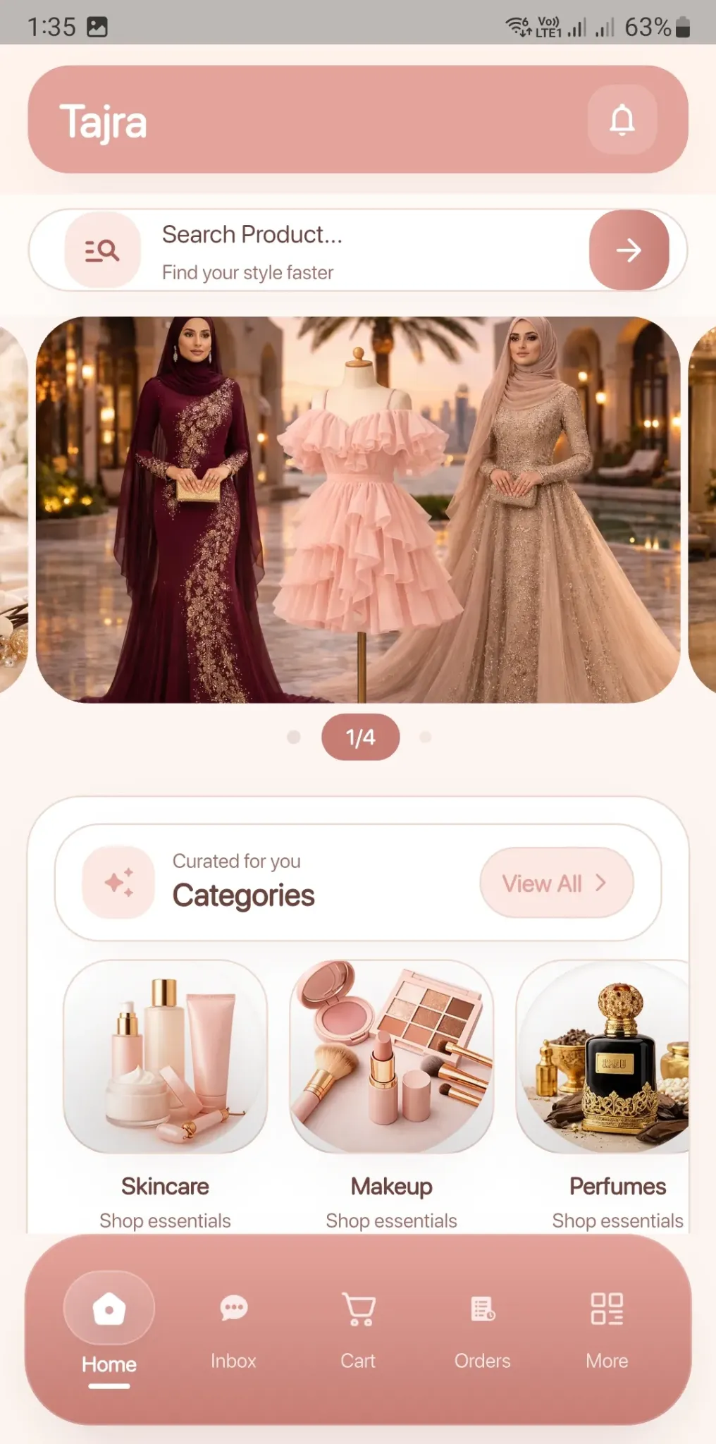 Tajarat customer app home screen in English